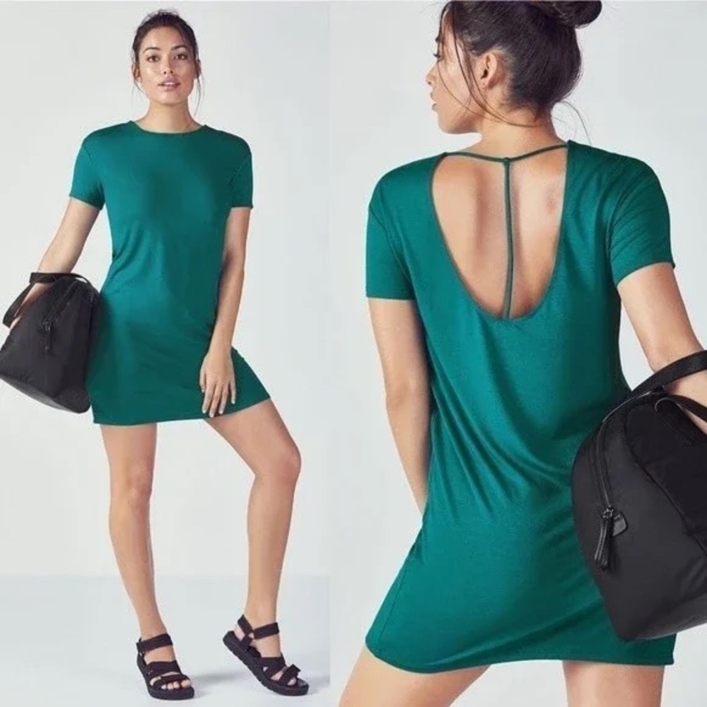 Fabletics Women Finley Dress Medium Green Soft Stretch Jersey Athleisure Preppy